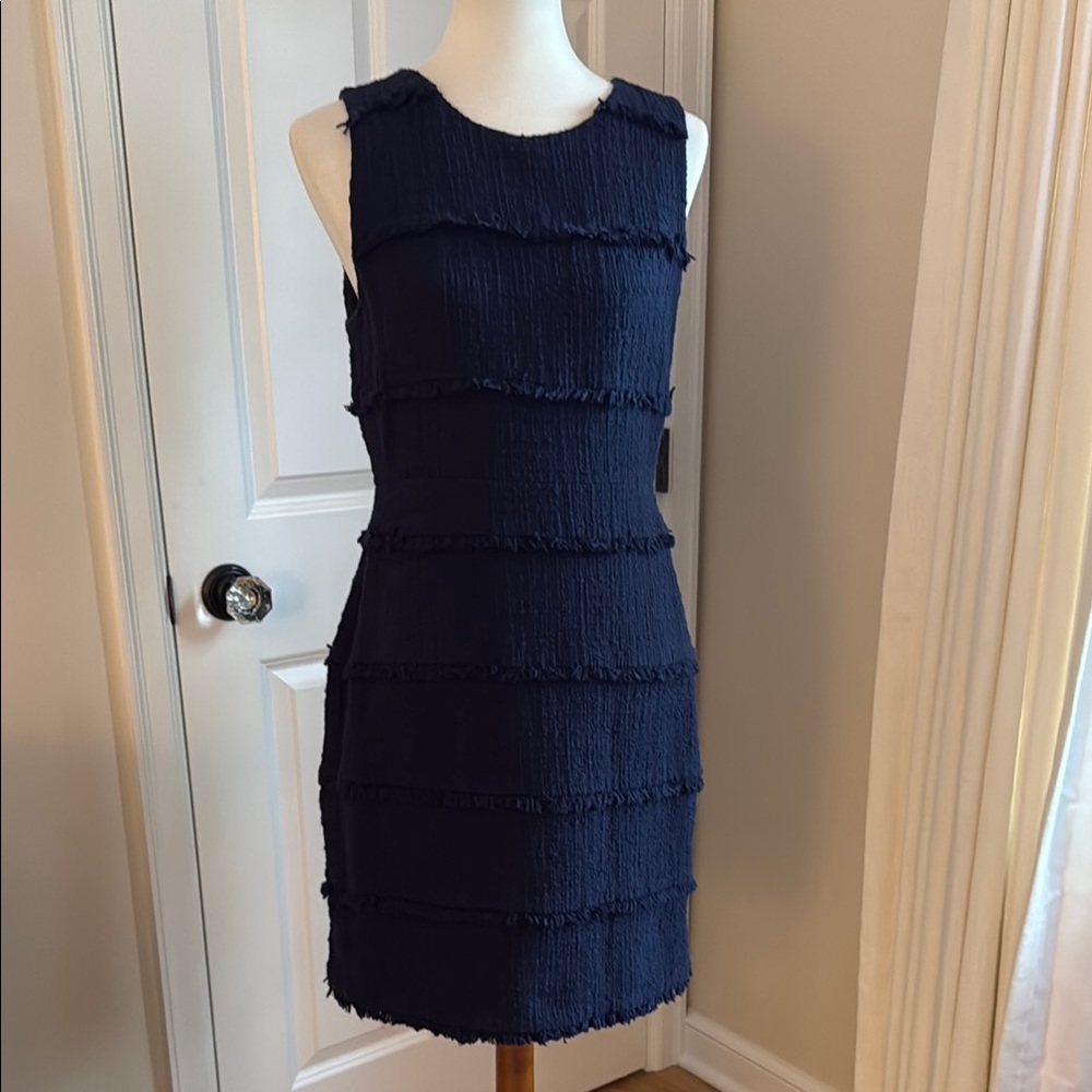 J.Crew Tweed Fringe Sleeveless Cotton Classic Sheath Dress - Navy - Size 10